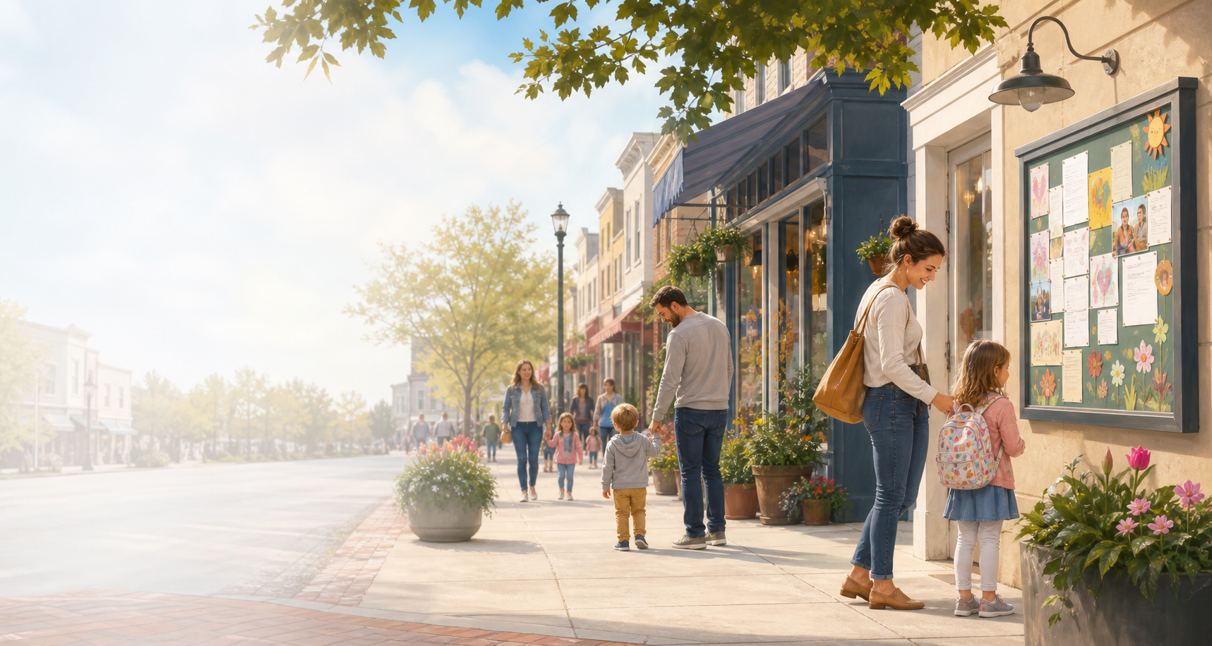 Warm neighborhood storefront scene